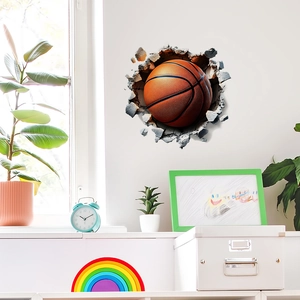 3D basketball wall sticker with realistic broken wall effect for home gym bedroom decoration