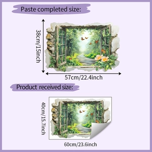 Detailed dimension chart for 3D faux window wall sticker with forest and flower scene