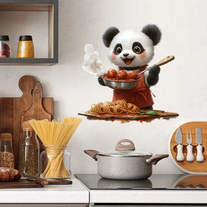 Self-adhesive panda chef wall sticker for kitchen decoration featuring pasta and meatballs