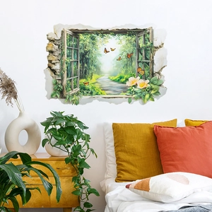 3D forest path window wall sticker with yellow flowers and butterflies for home decor