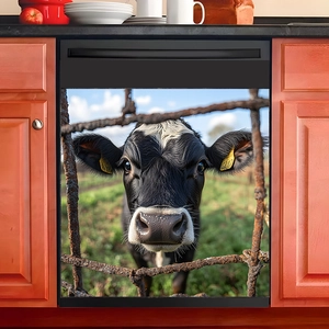 Realistic Cow Behind Wire Fence Kitchen Sticker Waterproof PVC Dishwasher Decal Wall Art Fridge Home Decor Accessory