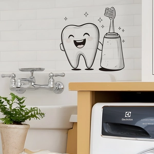 Cartoon tooth and toothbrush wall stickers set for bathroom decor with smiling tooth design