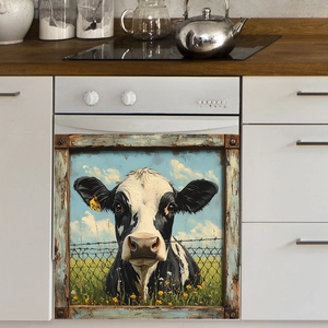 Rustic cow portrait kitchen sticker with wooden frame for appliance decoration