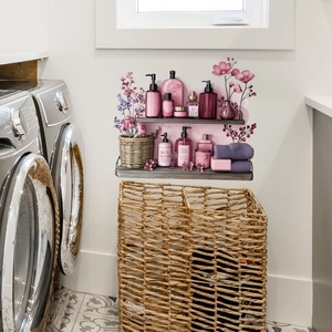 3D floral wall stickers featuring a rustic shelf with pink bath bottles and purple towels