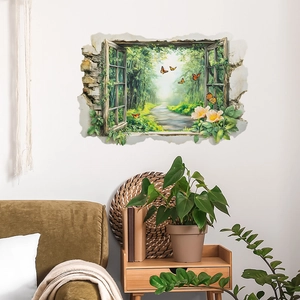 3D broken wall sticker featuring a forest path window view for home wall decoration