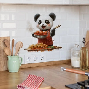 3D cartoon panda chef wall sticker with frying pan and pasta for kitchen decor