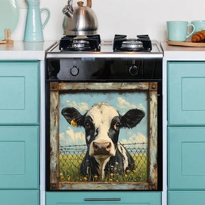 Countryside cow magnet sticker for oven or dishwasher with rustic wood frame design