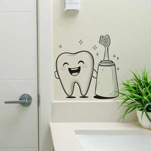 Cartoon tooth and toothbrush wall sticker for bathroom decor in minimalist black line style