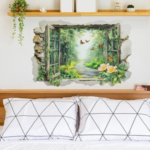 3D wall sticker with a creative broken window effect featuring a lush forest landscape