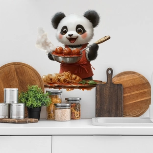 Cartoon panda chef wall sticker for kitchen decor featuring an adorable panda with frying pan