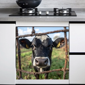Cow and wire mesh dishwasher cover decal on white kitchen cabinet door sticker
