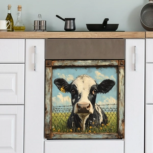 Farmhouse dishwasher magnet cover featuring a rustic cow and wooden fence design
