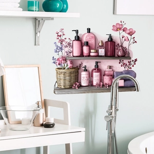 Floral bathroom wall sticker featuring pink bottles and flowers on a shelf decor