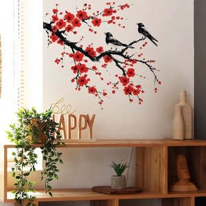 Sticker mural fleurs de prunier rouge et pies de style encre de chine décor