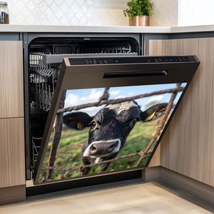 Self-adhesive dishwasher sticker featuring a close-up cow pattern for kitchen decor