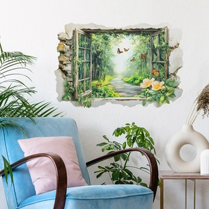 3D fake window wall sticker featuring forest path view and floral accents for home decor