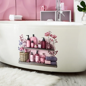 Floral bathroom wall sticker featuring realistic wood shelf with pink bottles and plants