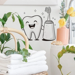 Cartoon tooth and toothbrush wall sticker for bathroom decor in minimalist black and white