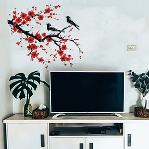 Sticker mural autocollant avec fleurs de prunier rouges et oiseaux de style chinois