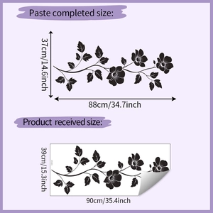 Size specifications for black flower wall decals with sheet and finish dimensions details