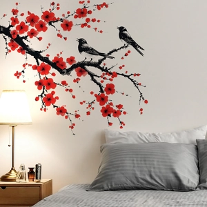 Stickers Muraux Style Chinois Branche de Prunier Rouge et Oiseau Décalcomanie Murale en PVC Amovible Pour Salon Chambre Maison