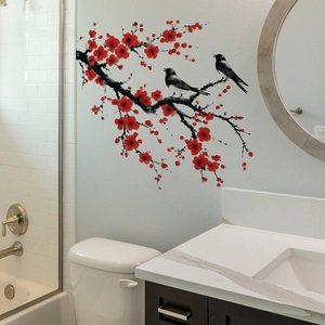 Sticker mural adhésif fleurs de prunier rouges et oiseaux sur des branches noires