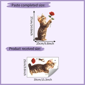 Detailed wall sticker layout showing cat with rose and application size measurements