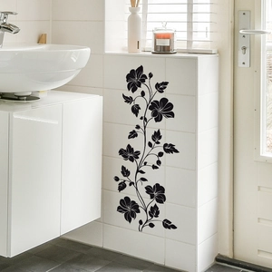 Modern black floral vine wall decals on white bathroom tiles for home decoration