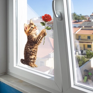 3D tabby cat with red rose decorative window sticker for bedroom and home glass decor