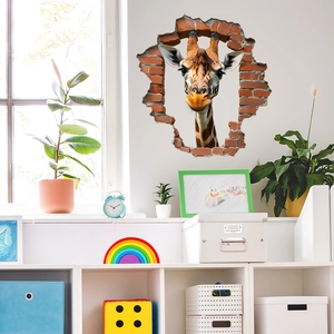 Sticker mural 3D girafe réaliste avec effet mur de briques cassé pour chambre enfant