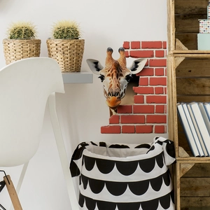 Sticker mural 3D girafe réaliste traversant un mur de briques pour la maison