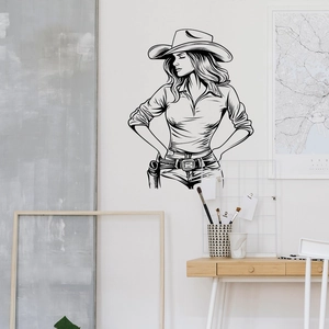 Adesivo murale minimalista bianco e nero di una donna con cappello da cowboy decoro