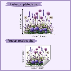 Detailed dimension guide for purple Allium wall stickers showing 38x45cm layout size