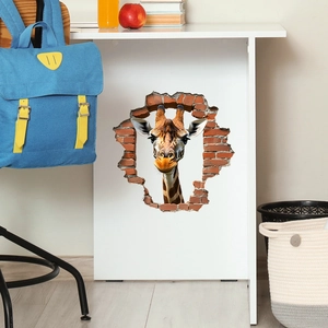 Sticker mural 3D girafe réaliste à travers un mur de briques pour décoration de chambre