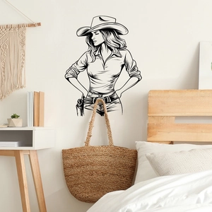 Adesivo murale ragazza western nero e bianco per decorazione camera da letto boho