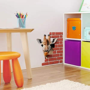 Sticker mural 3D réaliste girafe traversant un mur de briques pour décoration maison