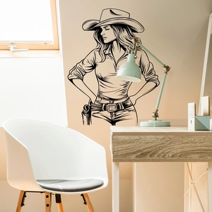 Adesivo da parete minimalista nero con cowgirl western per la decorazione della casa