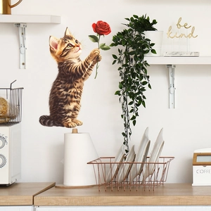 Cat holding a red rose wall decal sticker for bedroom or entryway home decoration