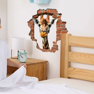 Sticker mural 3D girafe réaliste traversant un mur de briques pour la chambre