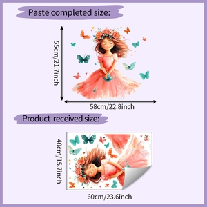 Detail of girl wall sticker set with butterflies and floral crown dimensions 55x58cm