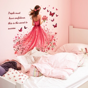 Adesivi Murali Ragazza in Abito Floreale Rosa Con Farfalle e Citazione Ispiratrice Decalcomania in PVC Rimovibile per Camera da Letto