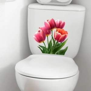 Detailed realistic tulip wall stickers applied to a white ceramic toilet for bathroom decoration