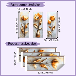 Detailed dimension guide for golden floral triptych wall stickers showing received and pasted sizes