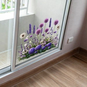 Self-adhesive wall sticker featuring purple allium and lavender flowers for glass doors