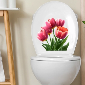 Pink tulip floral decal applied on a white toilet lid for bathroom home decoration