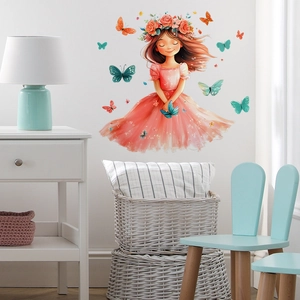 Cartoon girl wall sticker with colorful butterflies for girls bedroom decor