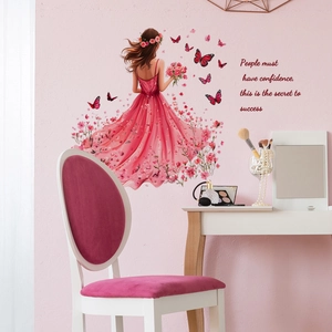Adesivo murale ragazza in abito floreale rosa con farfalle e frasi ispiratrici