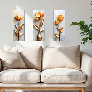 Modern gold tulip flower 3D triptych wall art on marble texture above a sofa