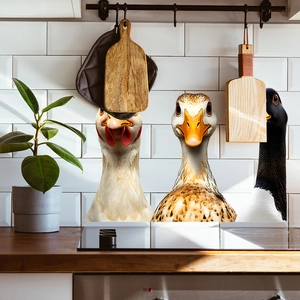 Kitchen wall sticker featuring realistic farm animals with rooster and duck on white tiles