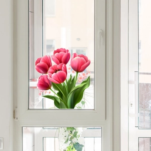 Pink tulip flower wall stickers for home decor with green leaves on glass window